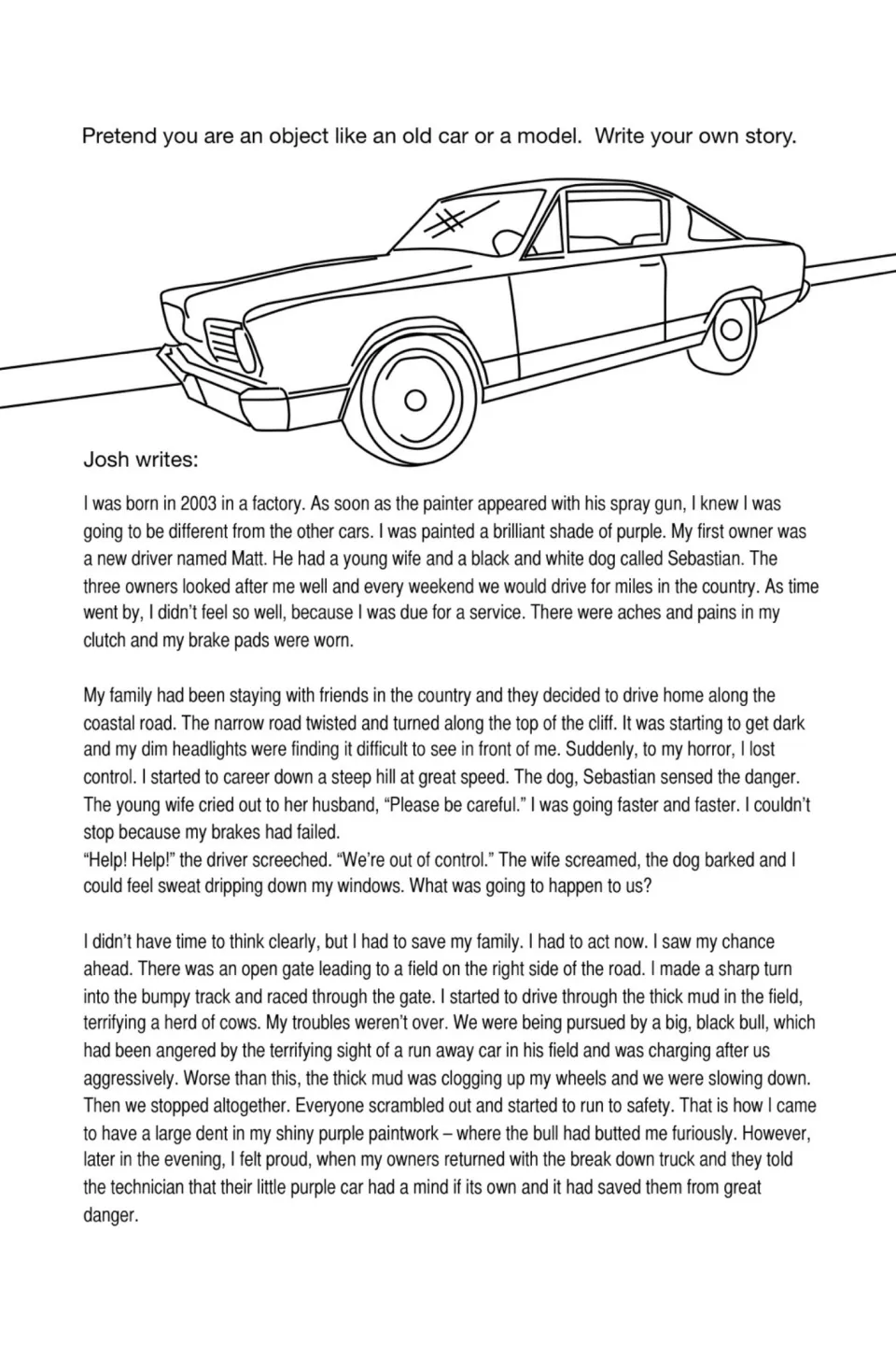 Old car model story: Josh writes as a purple car that saves its family when its brakes fail on a hill.
