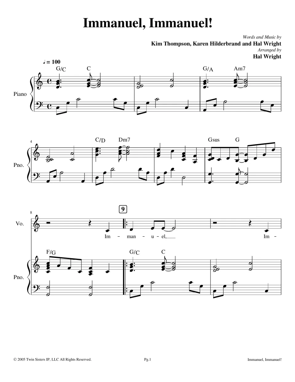 Immanuel, Immanuel! opening: piano intro at quarter note = 100 in C, then the voice enters on Immanuel at bar 9