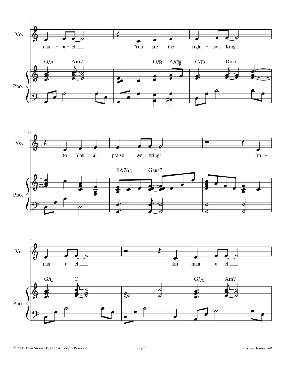 Bars 11-19 for voice and piano: chorus lyrics You are the righteous King, to You all praise we bring, with chords