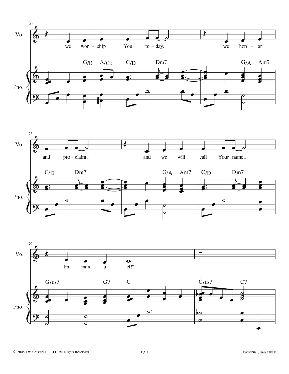 Bars 20-28 vocal and piano score: lyrics we worship You today, we honor and proclaim, closing the first chorus