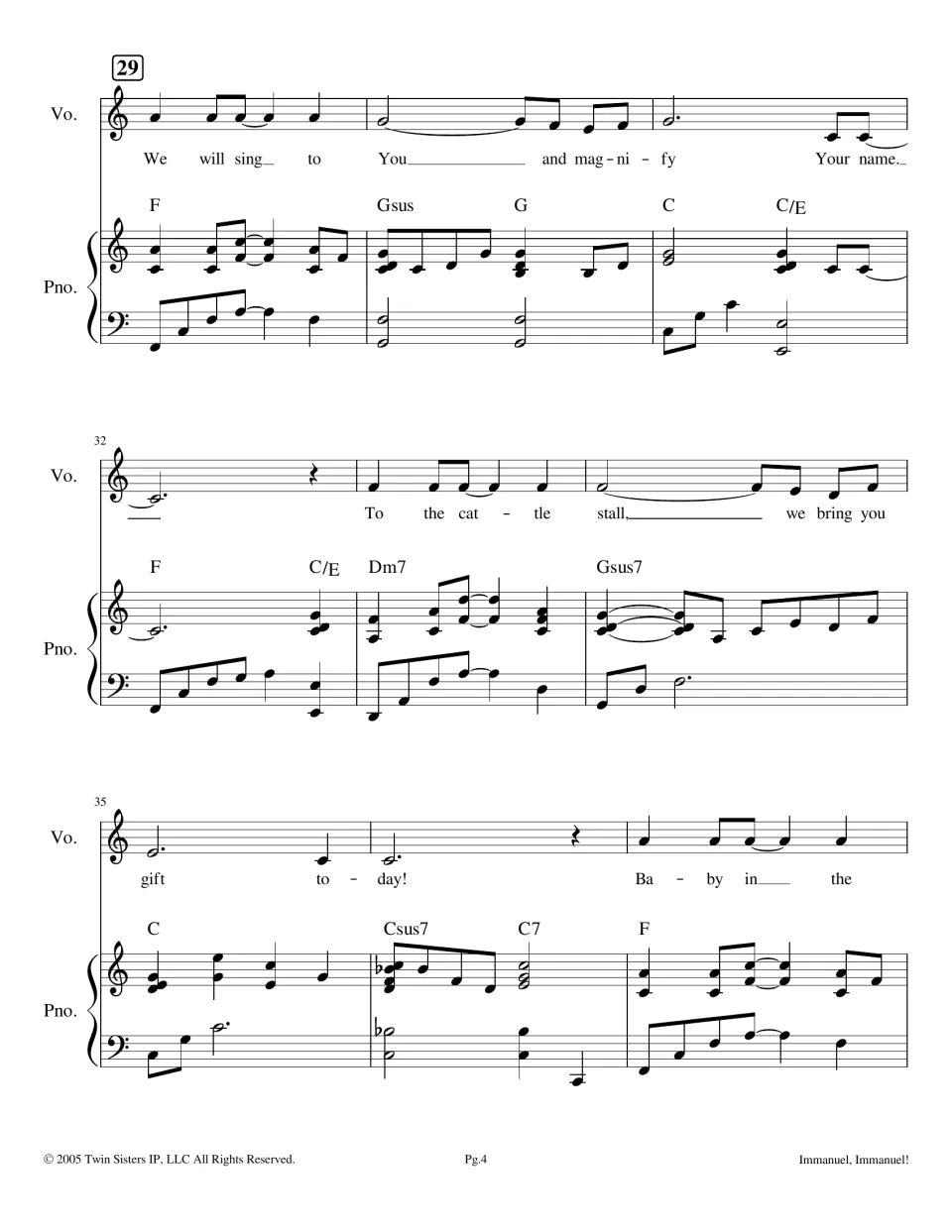 Bars 29-37 verse for voice and piano: We will sing to You and magnify Your name, To the cattle stall we bring