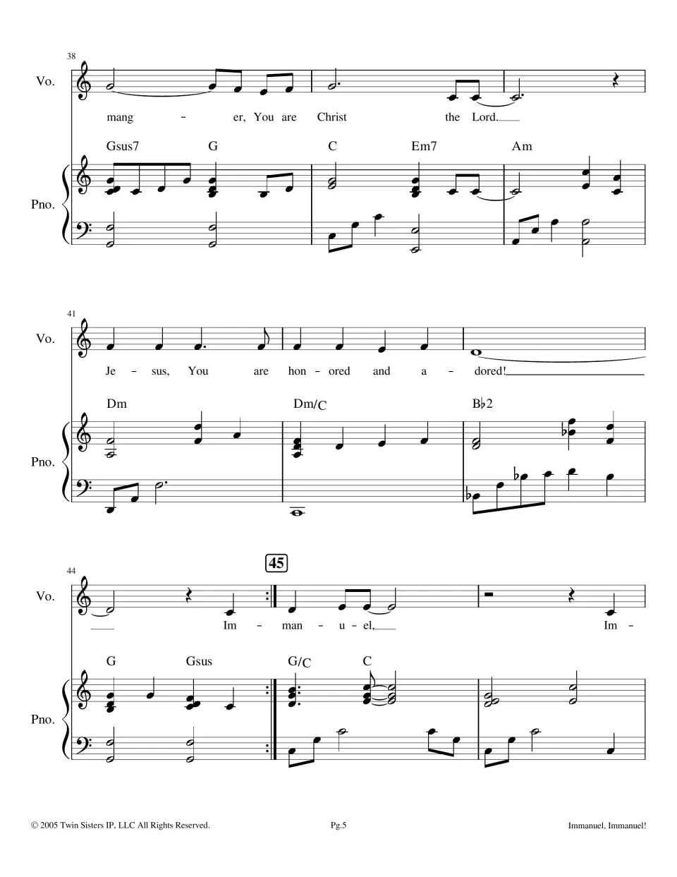 Bars 38-46 voice and piano: verse ends You are Christ the Lord, Jesus, You are honored and adored, then a repeat