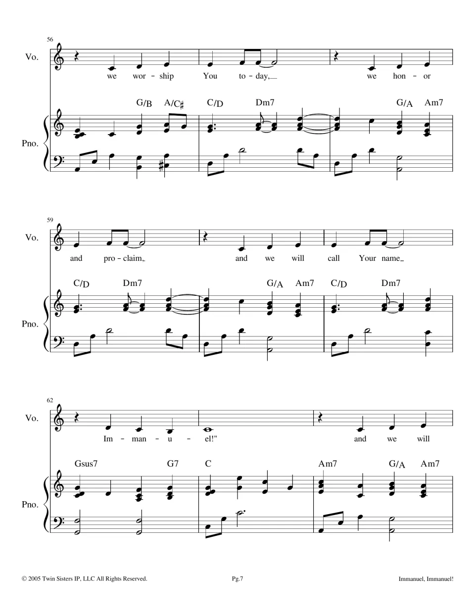 Bars 56-64 for voice and piano: we worship You today, we honor and proclaim, then a closing tag starts and we will