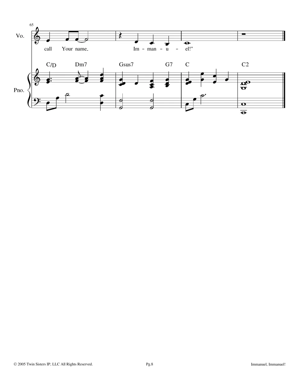 Final bars 65-68 for voice and piano: closing words call Your name, Immanuel! on a held C, piano ends on a C2 chord