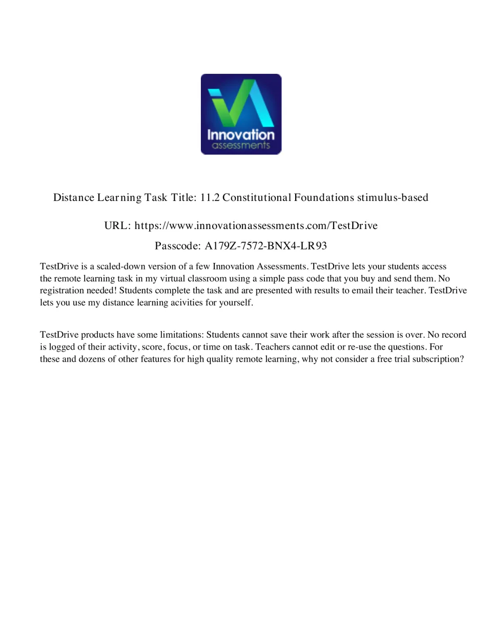 Online activity access sheet for 11.2 Constitutional Foundations includes TestDrive directions and limitations