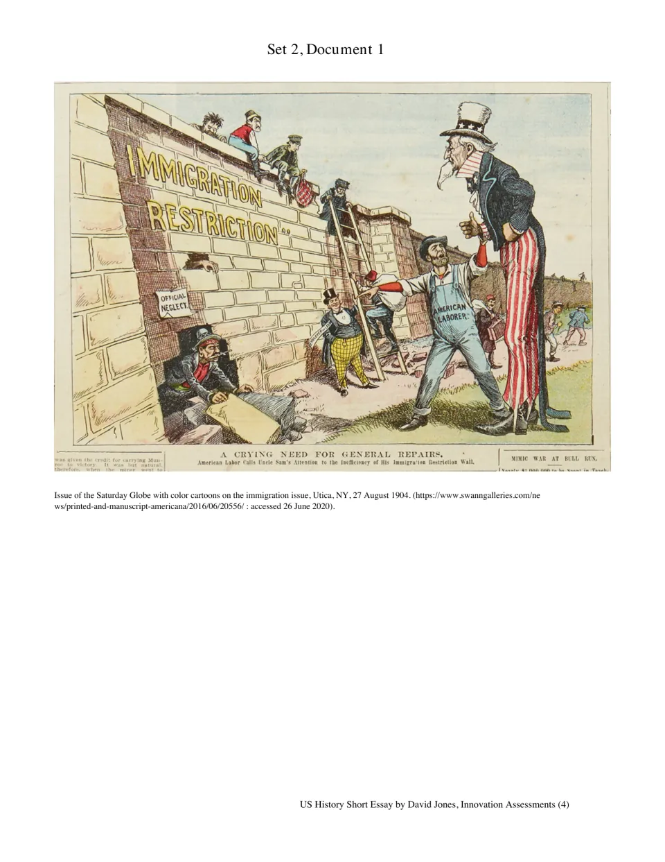 Set 2, Document 1: 1904 political cartoon shows an American laborer urging Uncle Sam to fix immigration barriers