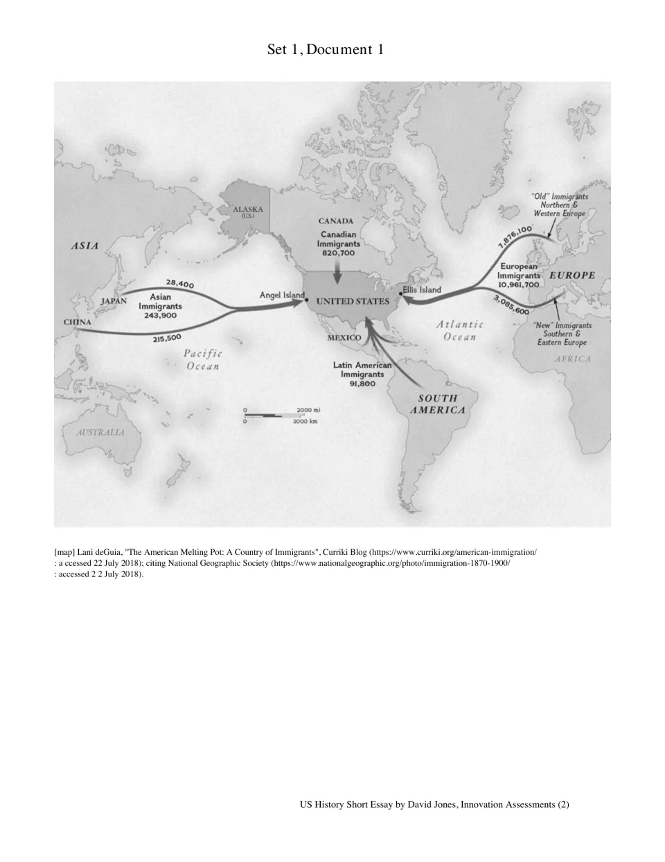 Immigration routes map: arrows show European, Asian, Canadian and Latin American arrivals at Ellis and Angel Islands