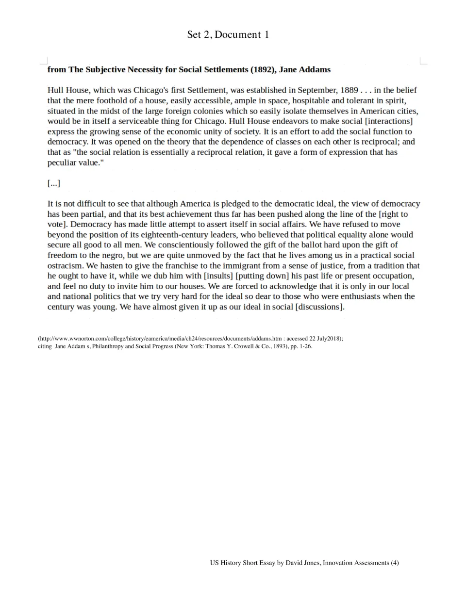 Jane Addams 1892 excerpt on Hull House settlement work and how immigrants and Black Americans face social exclusion