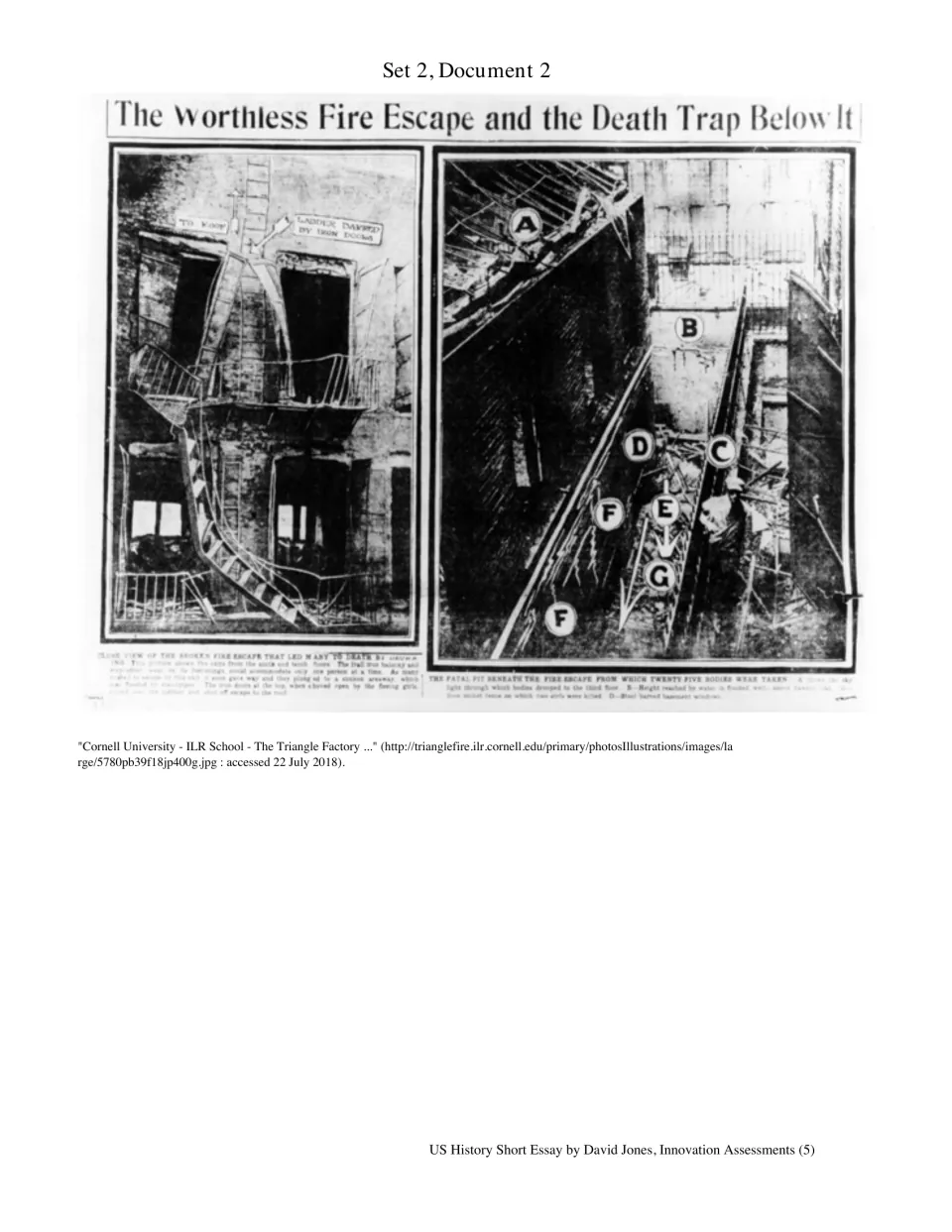 Triangle Factory fire newspaper photos: a broken fire escape and the pit below it, with lettered markers A through G