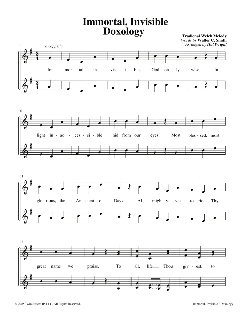 Hymn score opening, bars 1-19: a cappella Welsh melody in 3/4 for two treble parts, words by Walter C. Smith