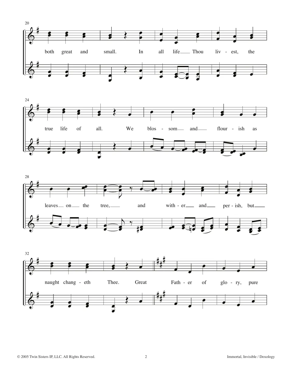 Hymn score, bars 20-35: two-part harmony on 'In all life Thou livest', then a key change to three sharps at 'Great Father'