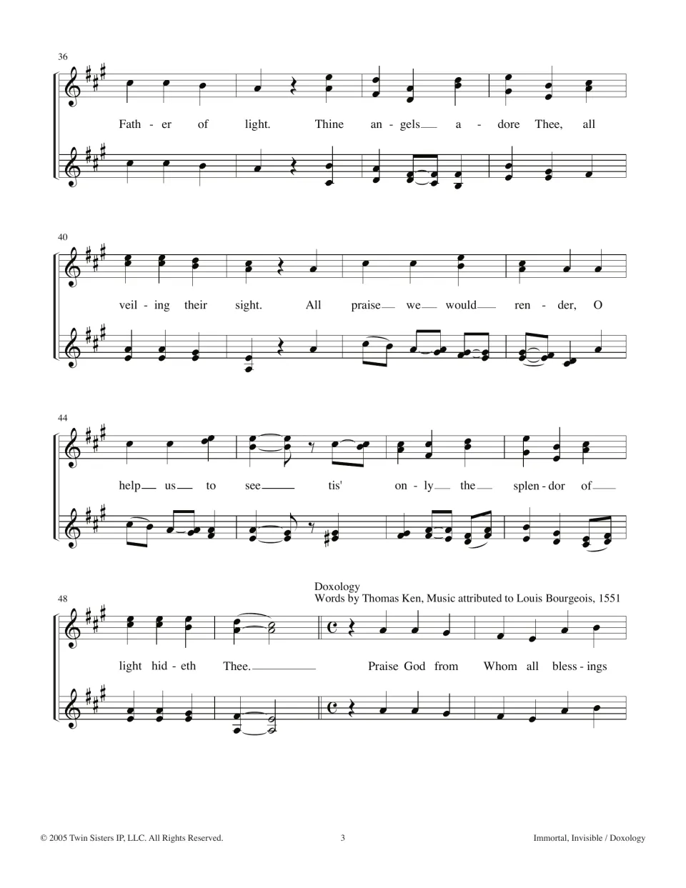 Hymn score, bars 36-51: verse ends 'light hideth Thee', then the Doxology begins with 'Praise God from Whom all blessings'
