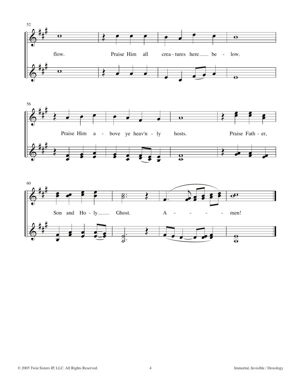 Doxology ending, bars 52-63: two-part harmony from 'Praise Him all creatures here below' to a sustained final 'Amen!'