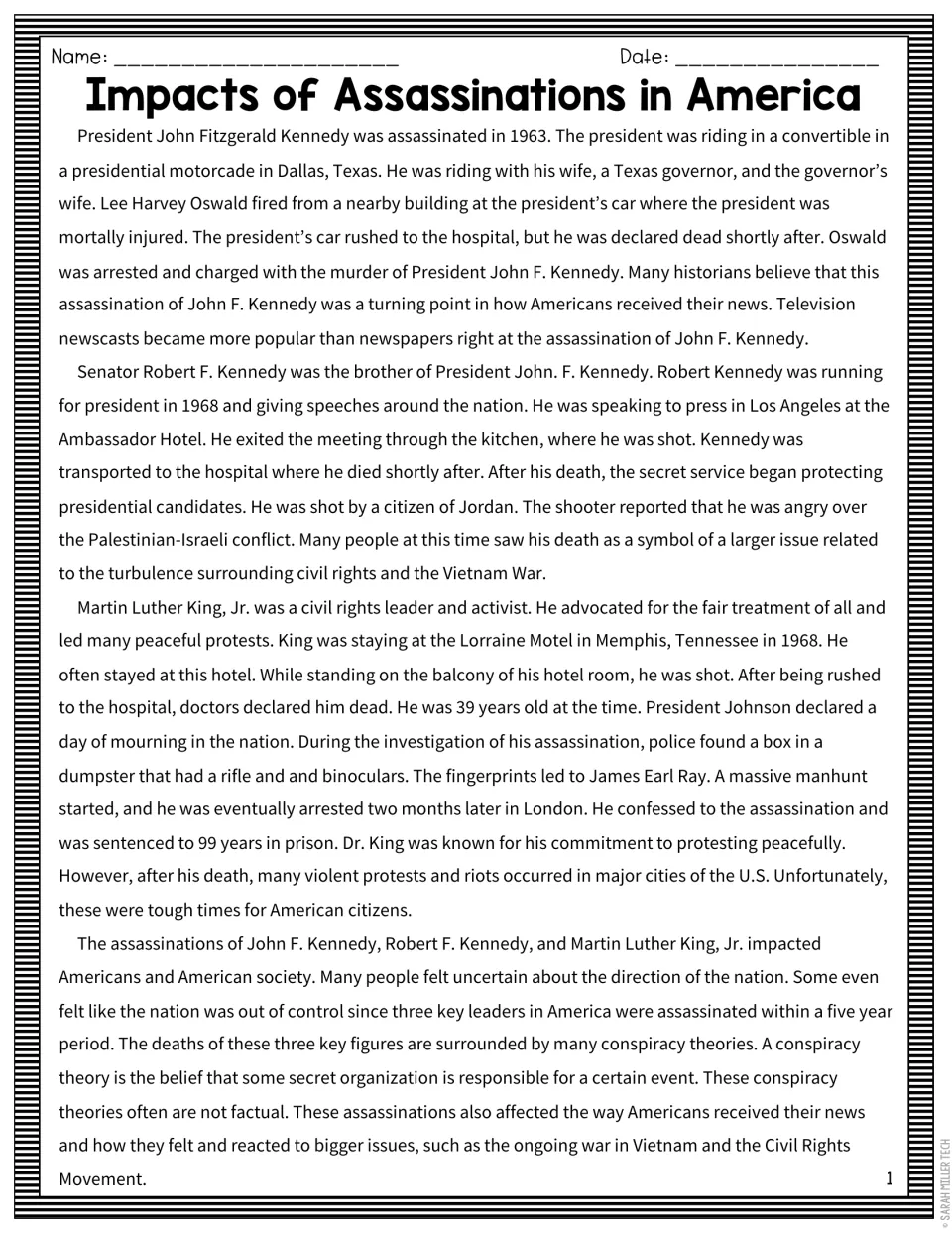 Reading passage on the assassinations of JFK, Robert Kennedy and Martin Luther King Jr. and how each affected the nation