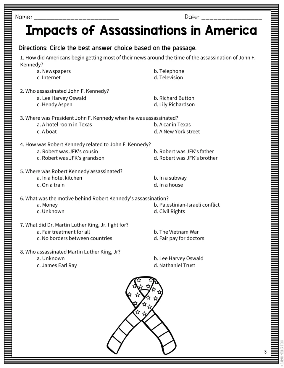 Reading comprehension quiz: students circle answers to 8 multiple-choice questions about the Kennedys and Dr. King