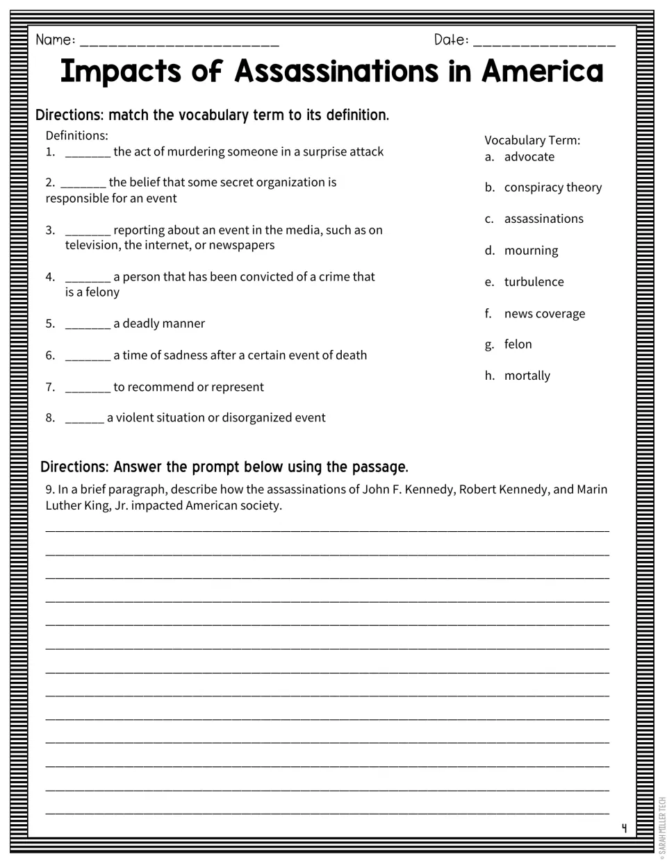 Vocabulary matching: students pair 8 terms like felon and mourning with definitions, then write a paragraph on impacts