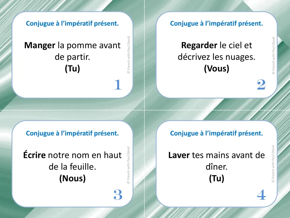French imperative task cards 1–4: manger (eat), regarder (look), écrire (write), and laver (wash).