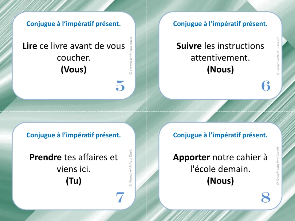 French imperative task cards 5–8: lire (read), suivre (follow), prendre (take), and apporter (bring).