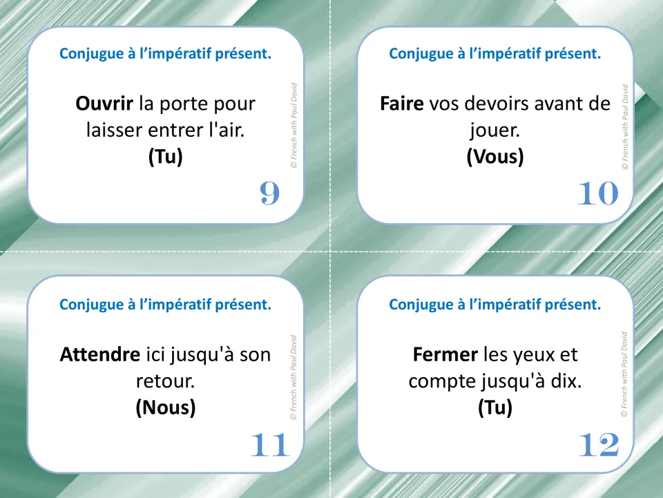 French imperative task cards 9–12: ouvrir (open), faire (do), attendre (wait), and fermer (close).