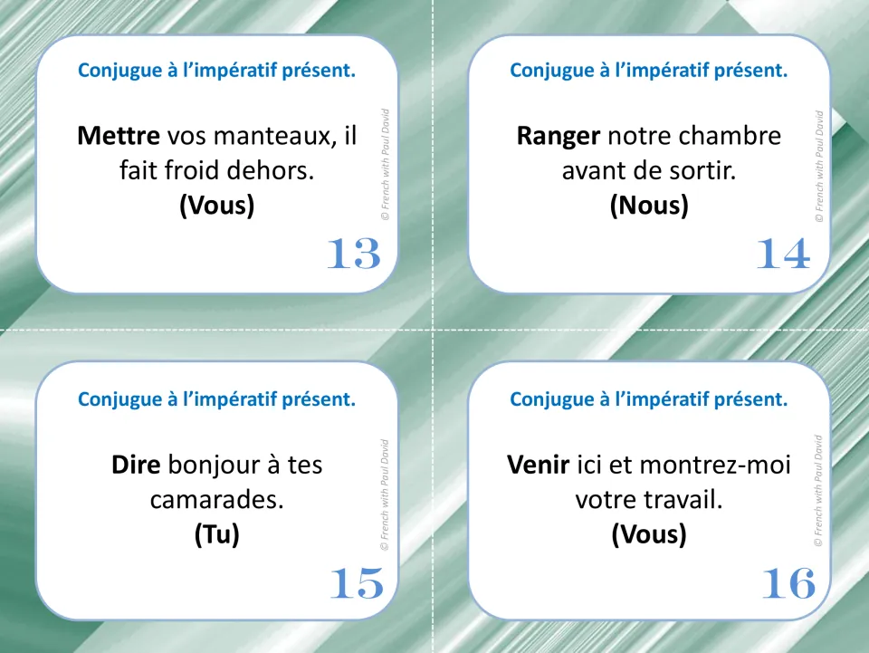 French imperative task cards 13–16: mettre (put on), ranger (tidy), dire (say), and venir (come).