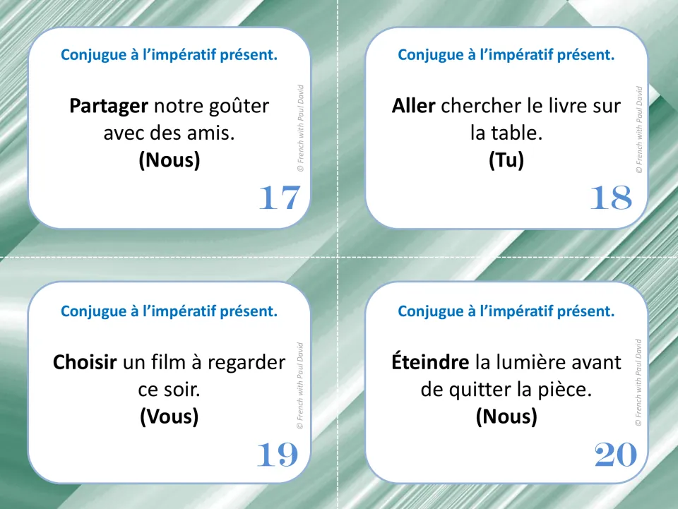 French imperative task cards 17–20: partager (share), aller (go), choisir (choose), and éteindre (turn off).