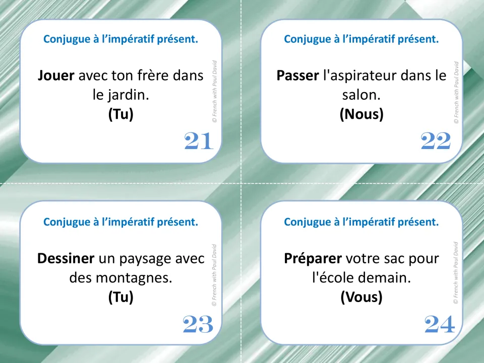 French imperative task cards 21–24: jouer (play), passer l’aspirateur (vacuum), and drawing and preparing.