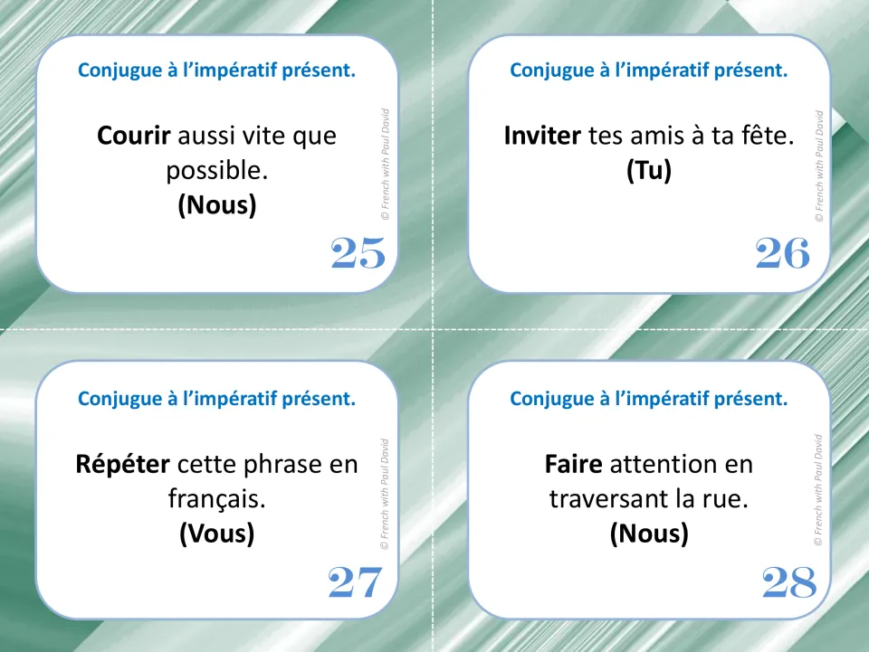 French imperative task cards 25–28: courir (run), inviter (invite), répéter (repeat), and faire attention (pay attention).