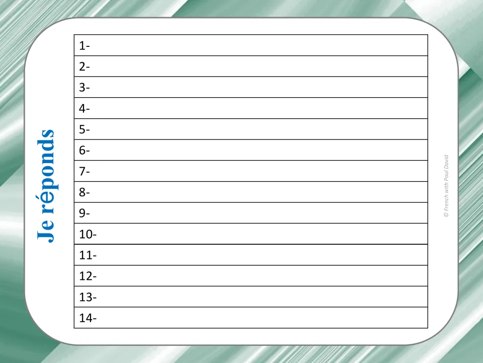 French imperative response sheet labeled “Je réponds” (I answer), for recording answers to cards 1–14.
