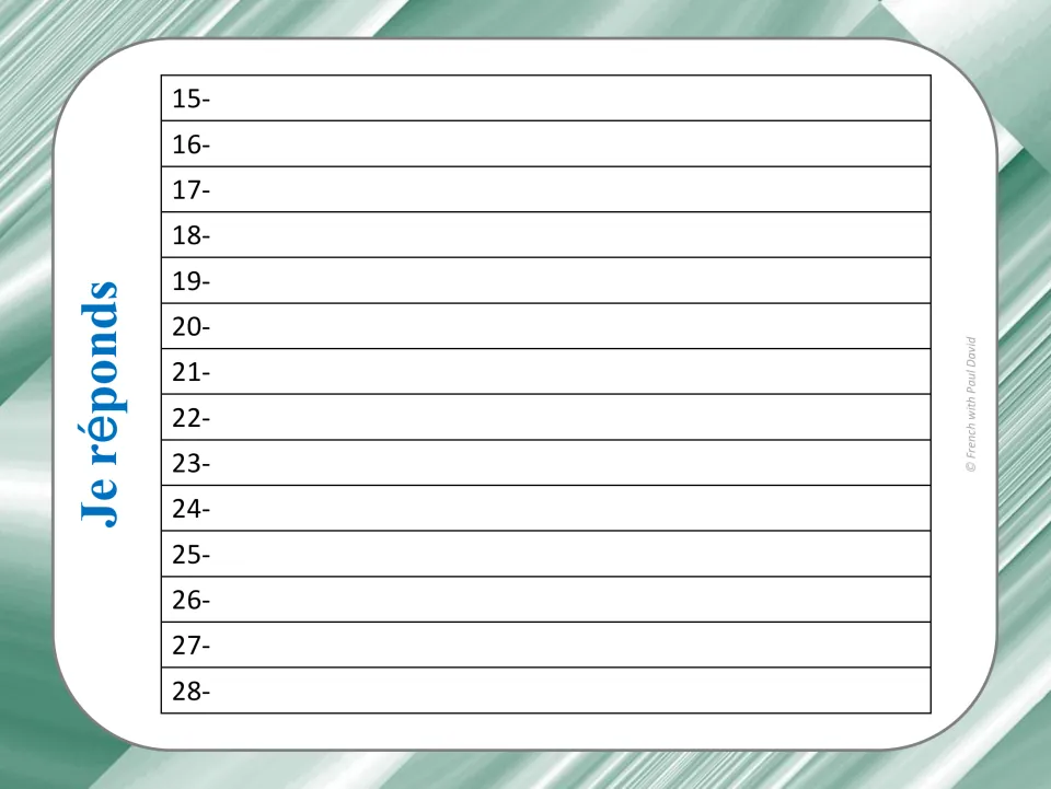 French imperative response sheet labeled “Je réponds” (I answer), for recording answers to cards 15–28.