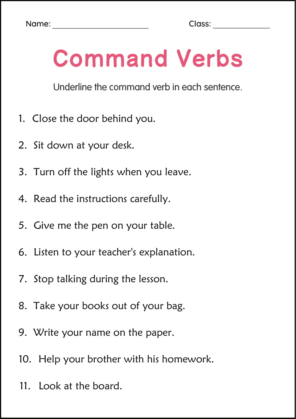 Command verbs: students underline the imperative verb in 11 classroom sentences such as Sit down at your desk