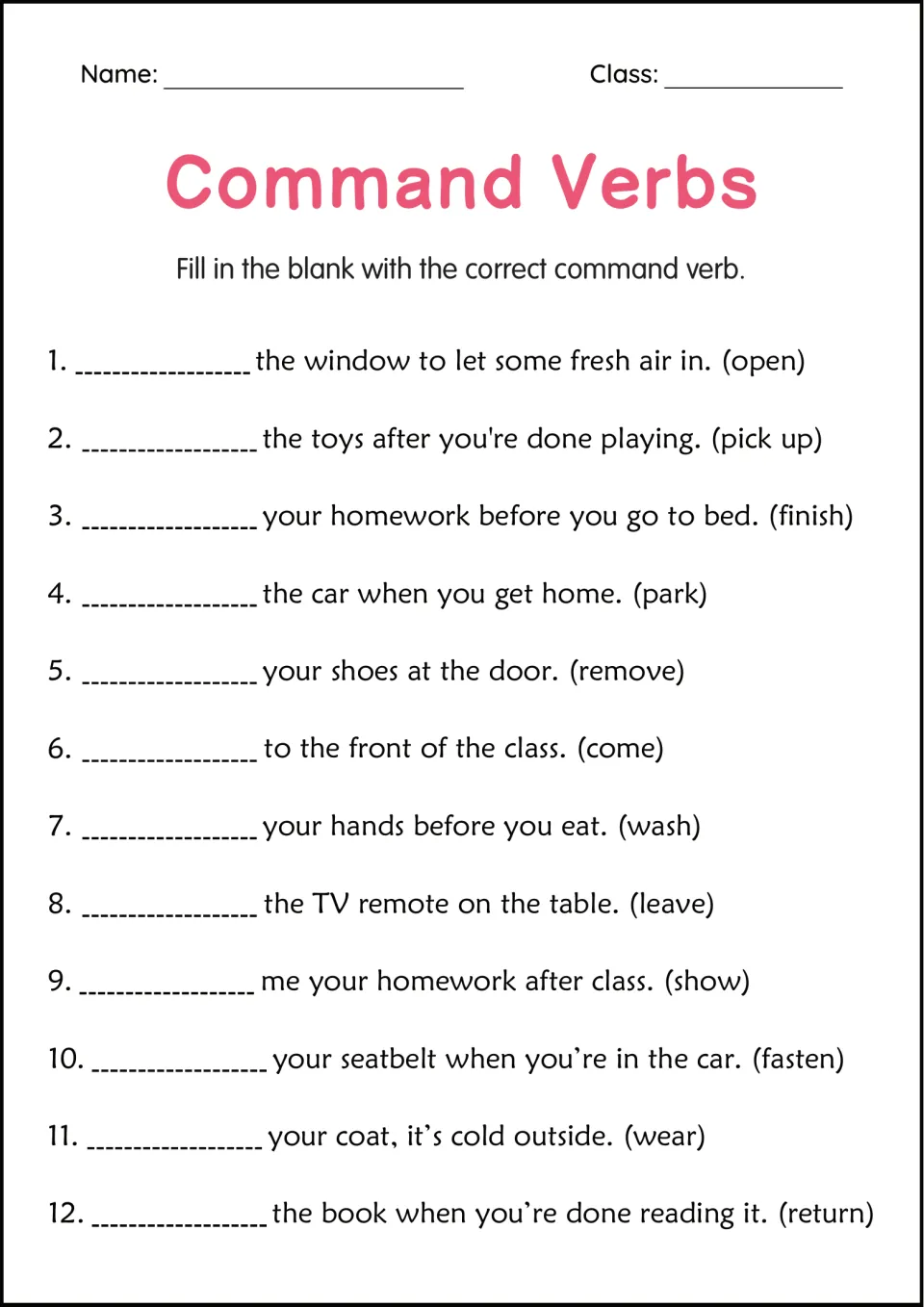 Imperative fill-in: students write the verb from parentheses, like open, wash or fasten, to complete 12 command sentences