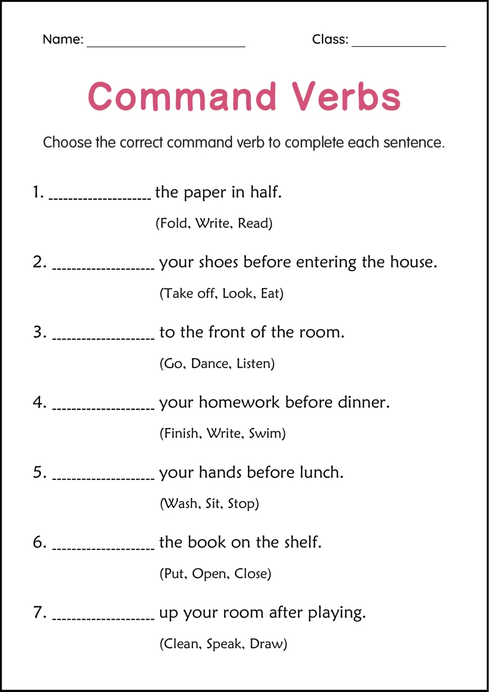 Multiple-choice imperatives: students pick the right verb from three options, such as Fold, Write or Read, for 7 sentences