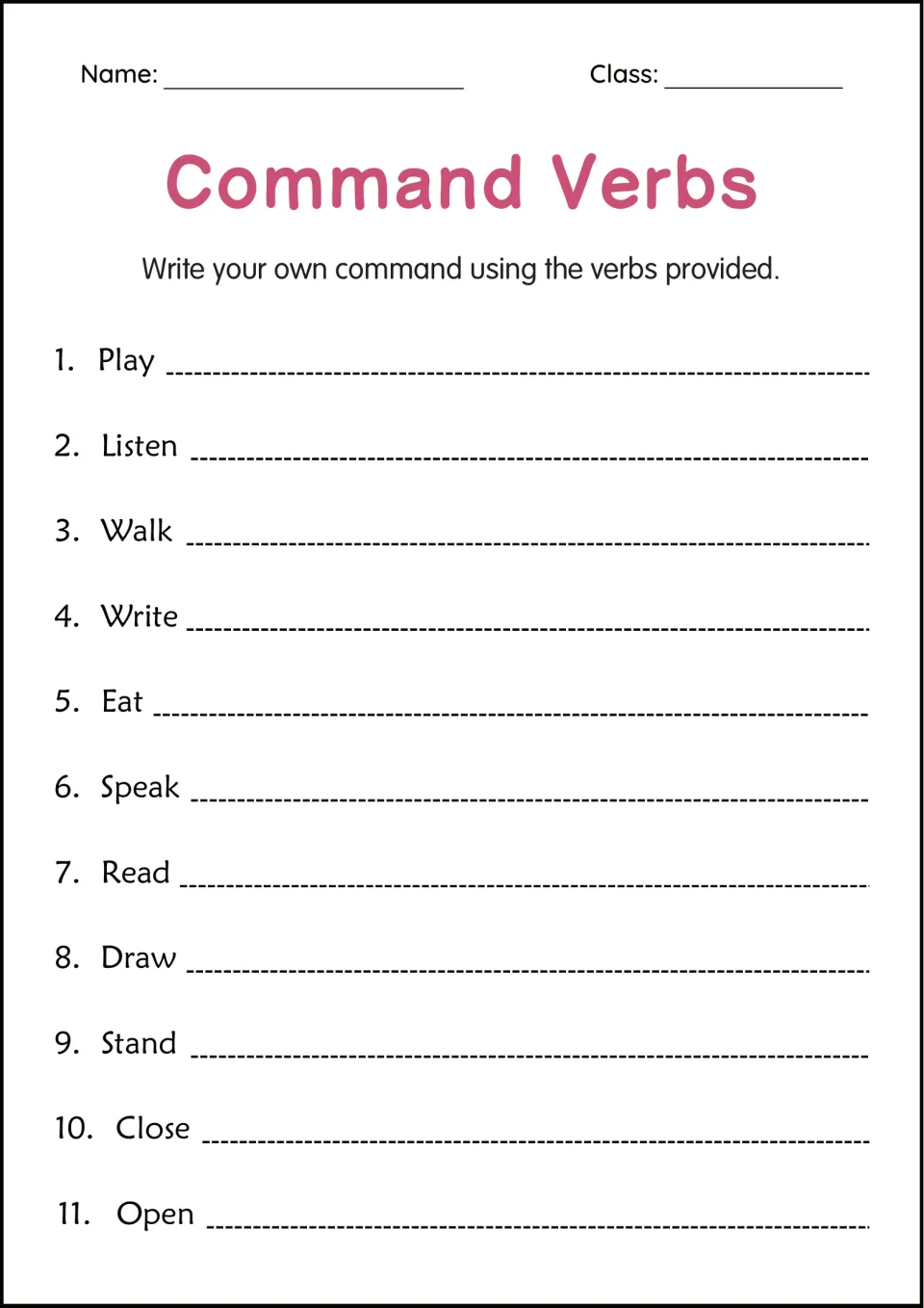 Writing original commands: students compose a sentence for each of 11 given verbs, from Play and Listen to Close and Open