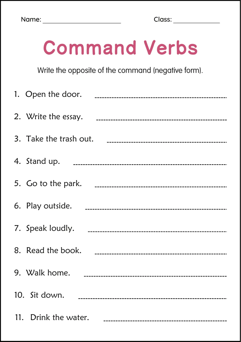 Negative imperatives: students rewrite 11 commands such as Open the door and Speak loudly in their opposite, don't form