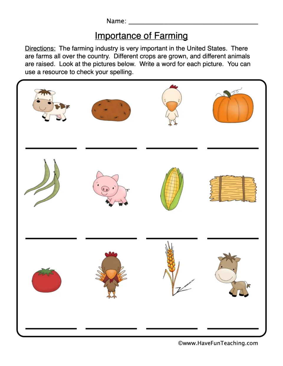 Farm crops and animals vocabulary: students write the word for 12 pictures, such as cow, potato, pig, corn and wheat