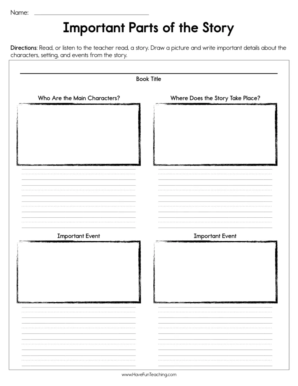 Story elements worksheet for drawing and writing about the main characters, setting, and two important events.