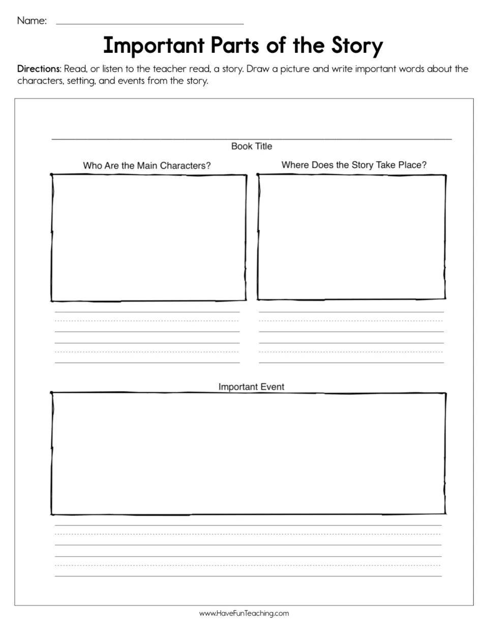 Story response worksheet for drawing and writing about the main characters, setting, and an important event.