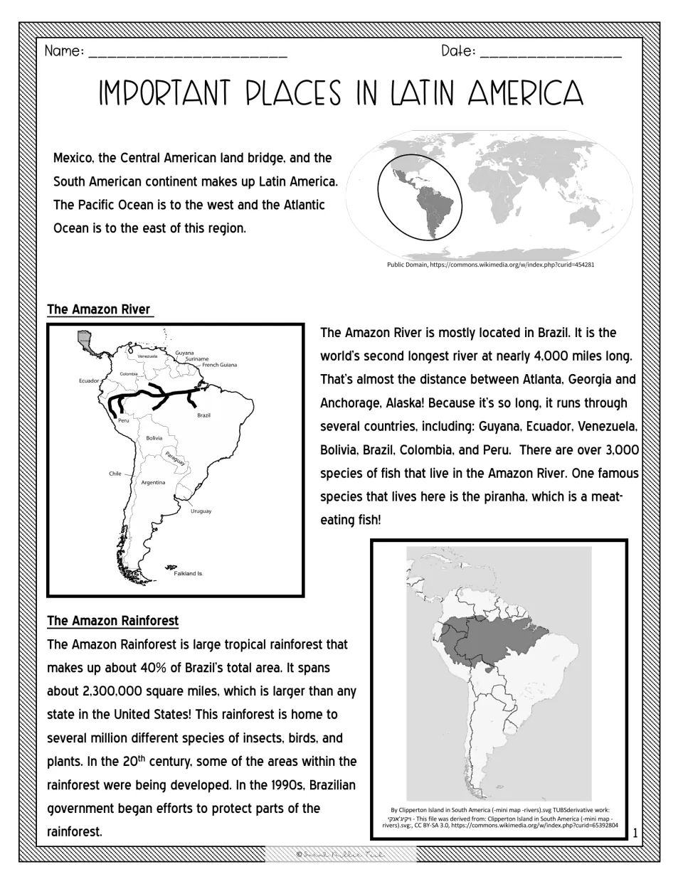 Latin America reading passage: students read about the region, the Amazon River and the Amazon Rainforest, with maps