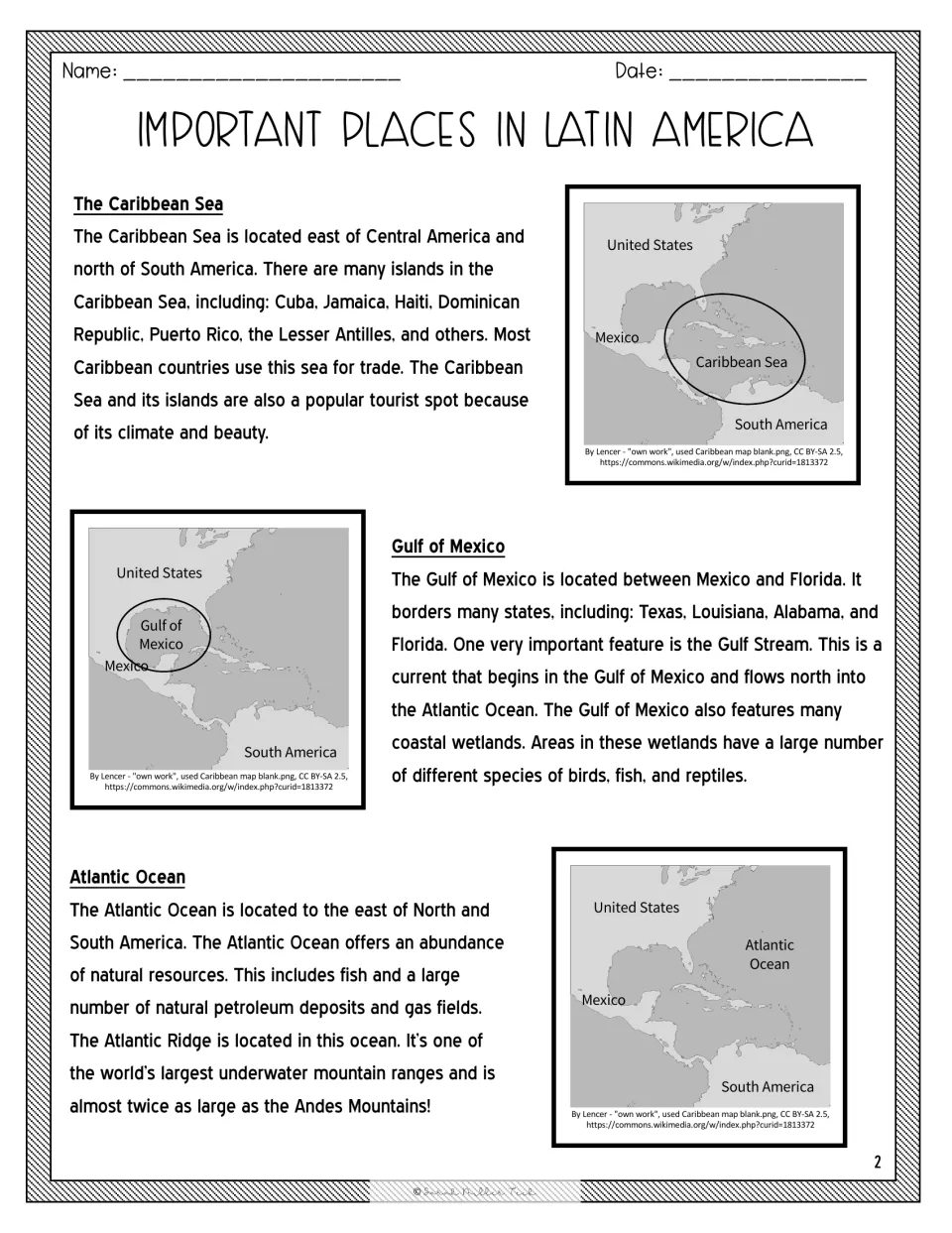 Caribbean Sea, Gulf of Mexico and Atlantic Ocean passages: students read facts about each body of water beside a map