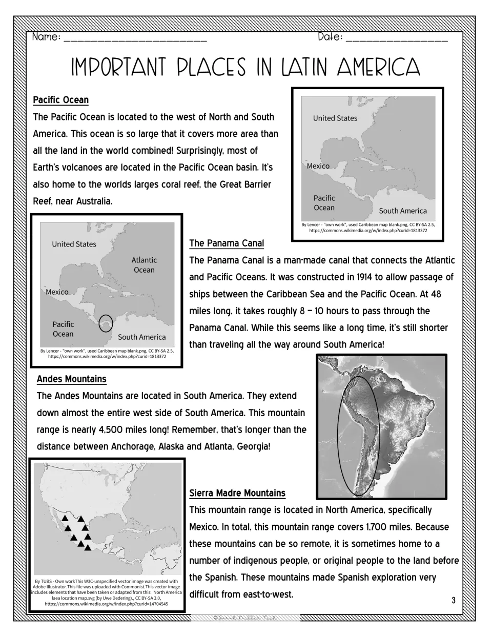 Pacific Ocean, Panama Canal, Andes and Sierra Madre passages: students read about each place alongside locator maps