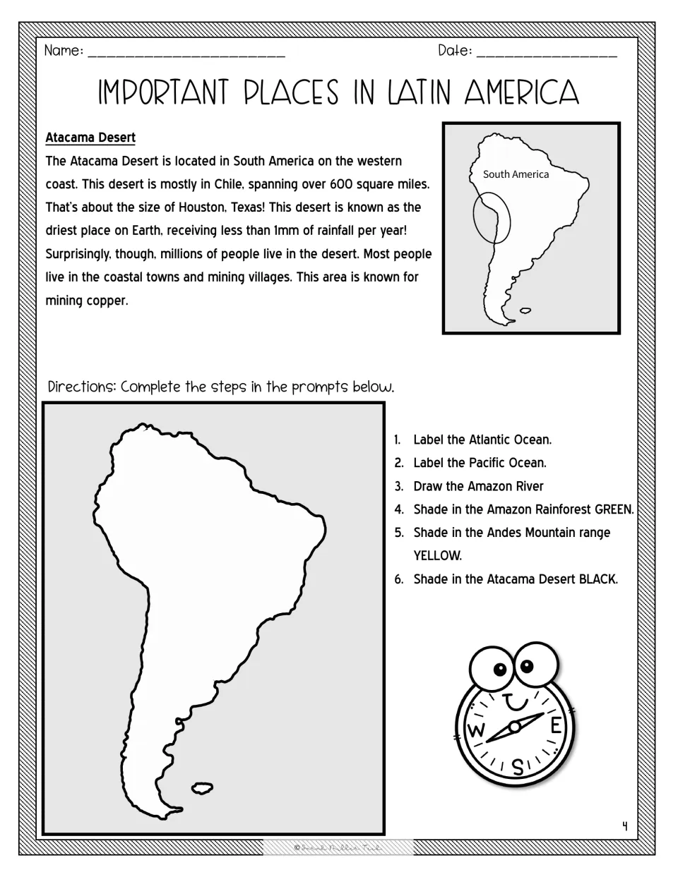 Atacama Desert passage and map labeling: students label two oceans and shade the rainforest, Andes and desert on a map