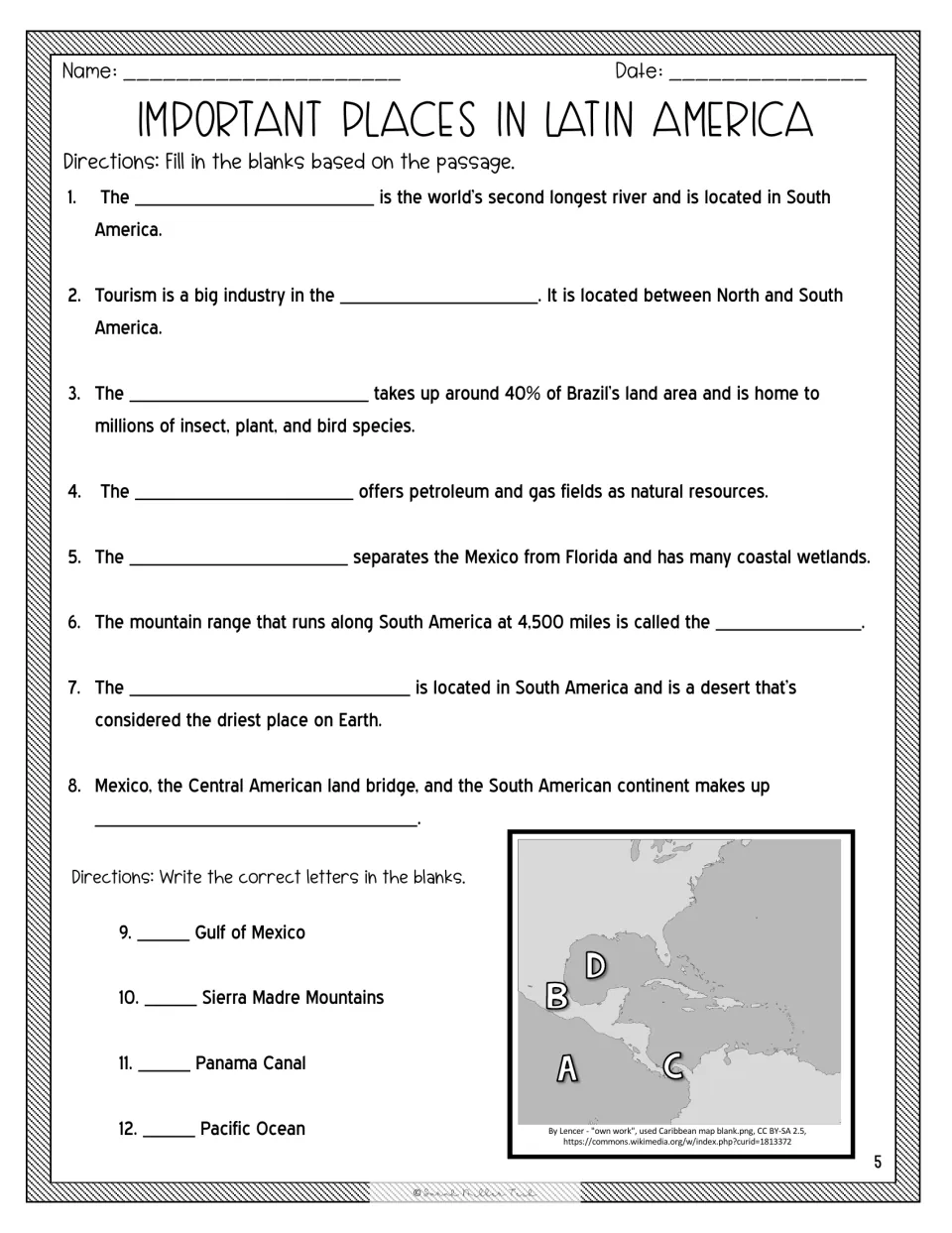 Fill-in-the-blank review of eight Latin America places, plus matching four places to lettered spots on a regional map