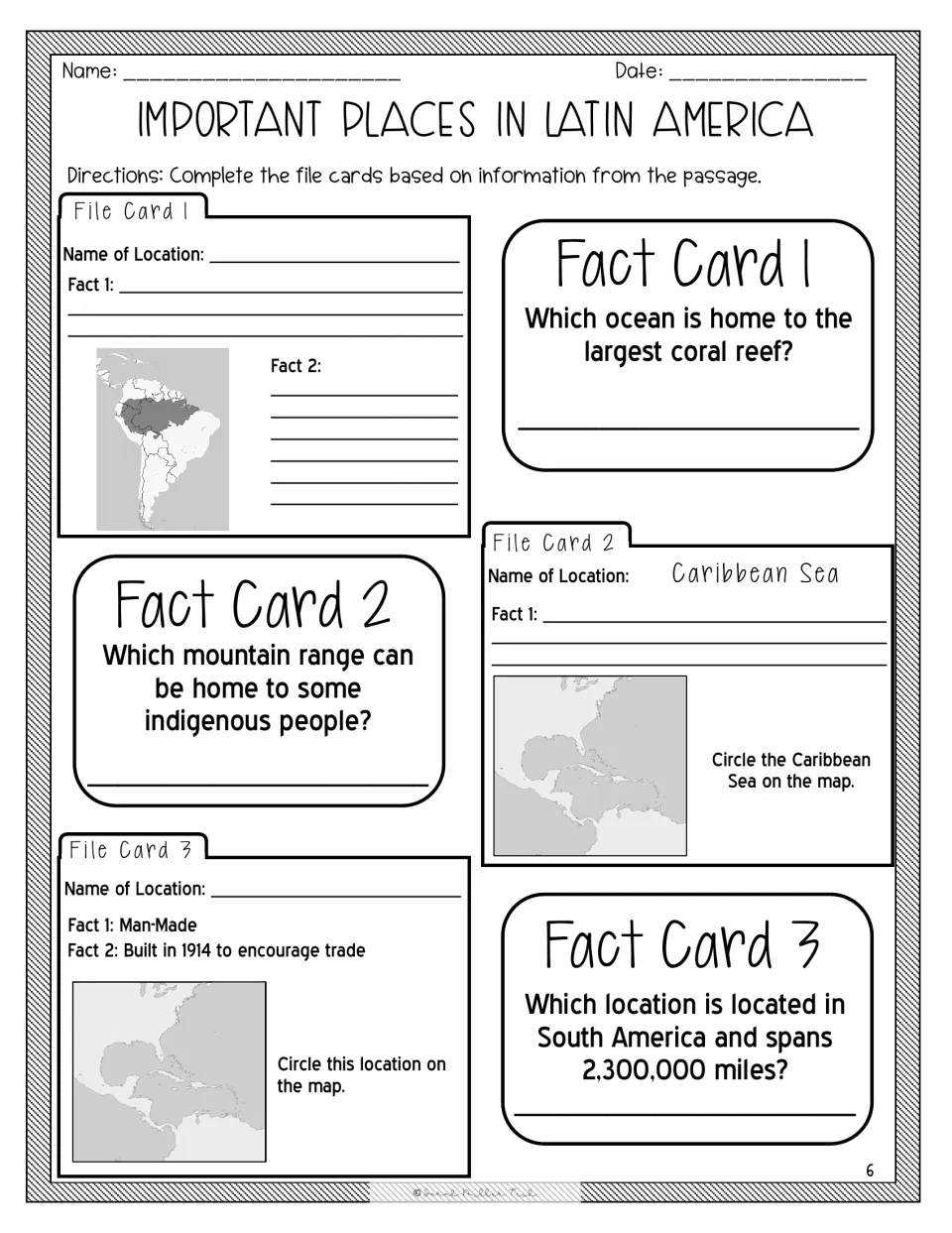 File and fact cards: students note facts on the Amazon Rainforest, Caribbean Sea and Panama Canal and answer 3 questions