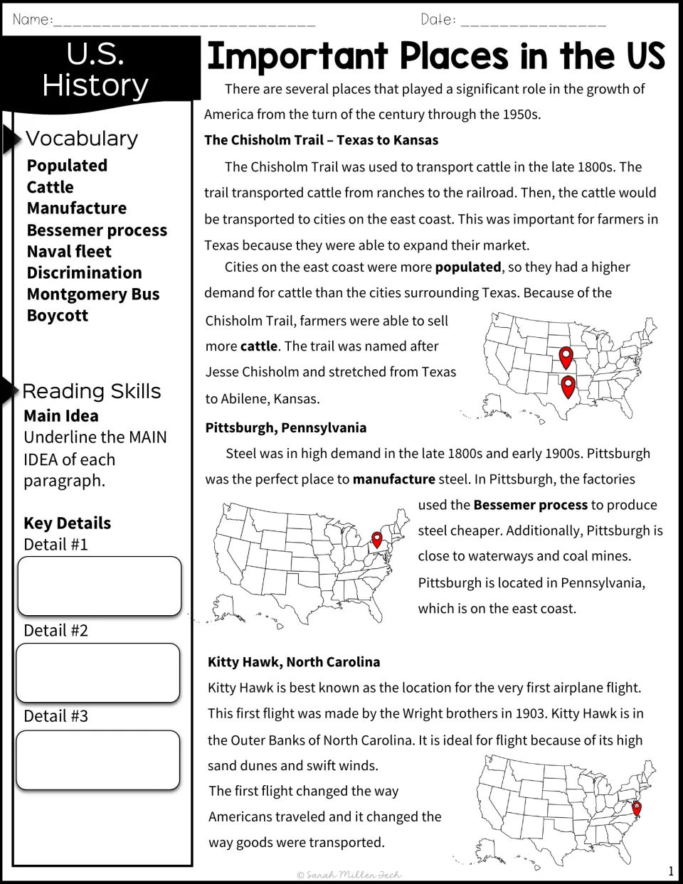 Reading passage part 1 covers the Chisholm Trail, Pittsburgh steelmaking, and Kitty Hawk's first flight.