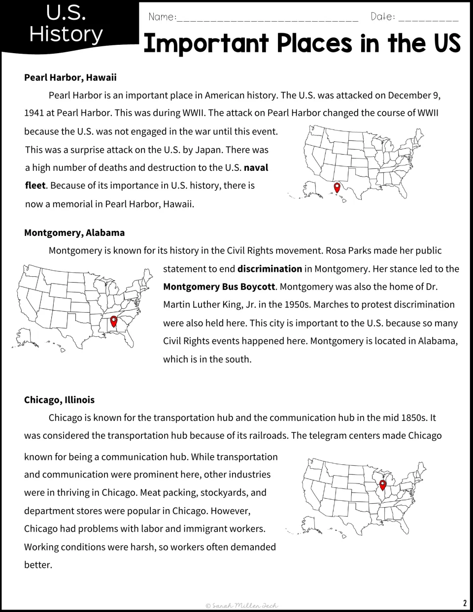 Reading passage part 2 covers Pearl Harbor, Montgomery's civil rights history, and Chicago's industries.