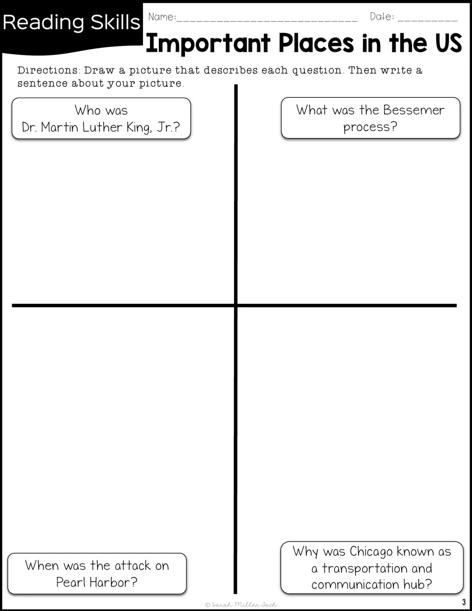 Draw-and-write questions cover Martin Luther King Jr., the Bessemer process, Pearl Harbor, and Chicago.