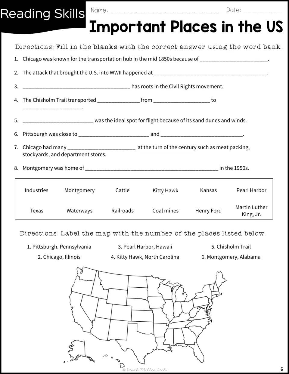 Eight fill-in-the-blank questions use a word bank; a U.S. map asks students to label the six historical places.