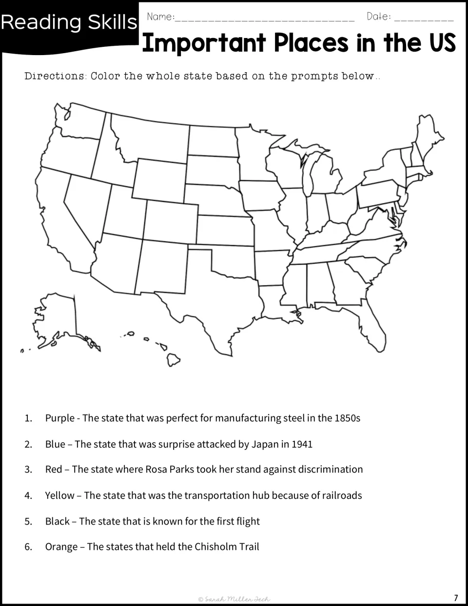 U.S. map coloring activity uses six history clues to identify states linked to places in the passage.