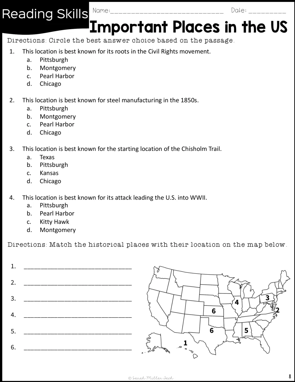 Four multiple-choice questions review historical places, followed by matching six places to a numbered U.S. map.