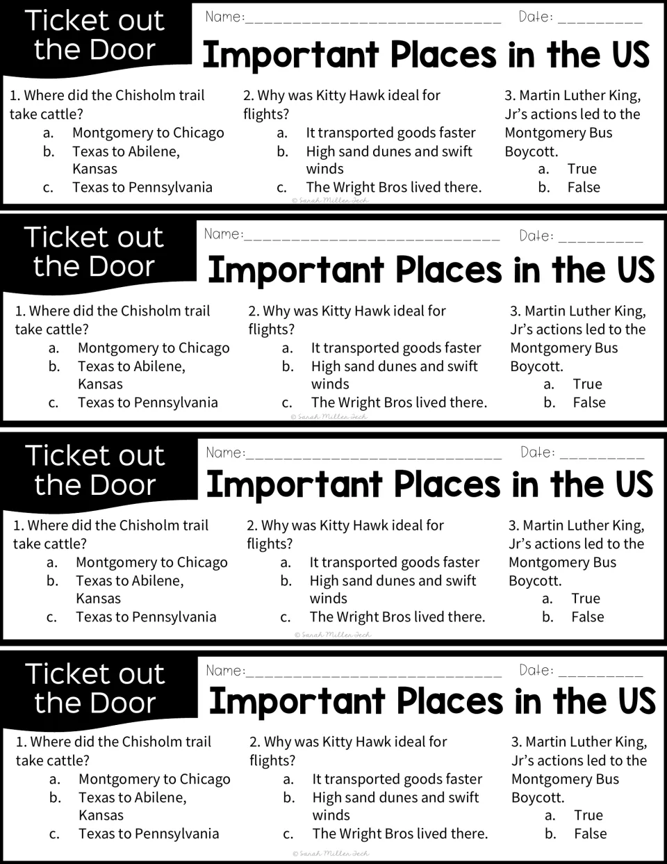 Four identical exit tickets ask about the Chisholm Trail, Kitty Hawk, and the Montgomery Bus Boycott.